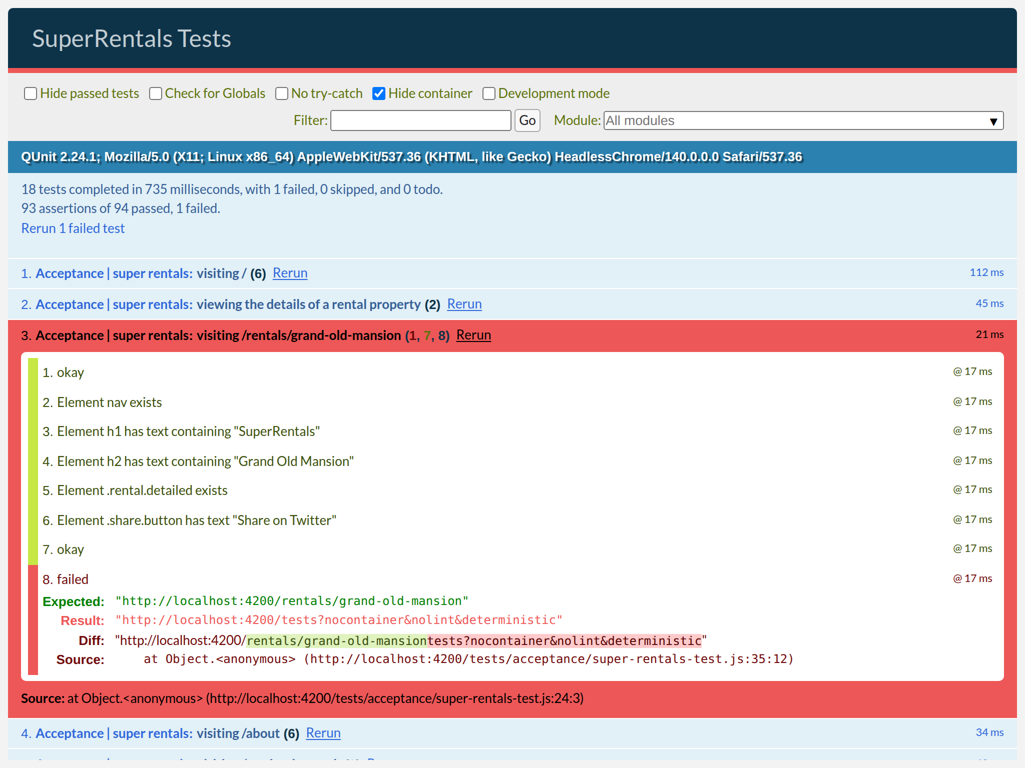 The test failed